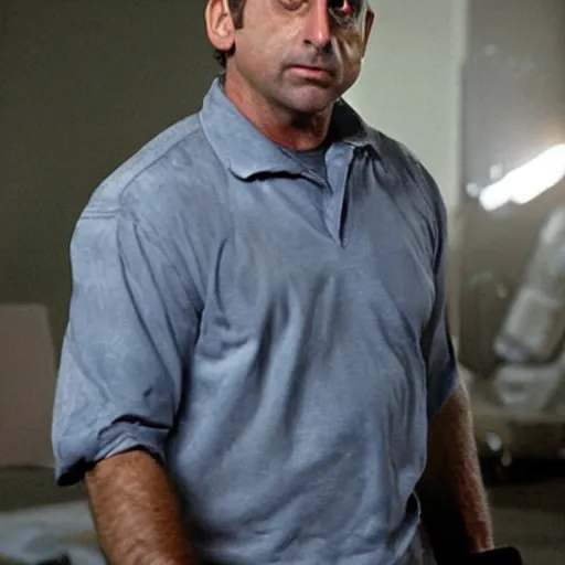 Prompt: steve carell as the terminator damaged