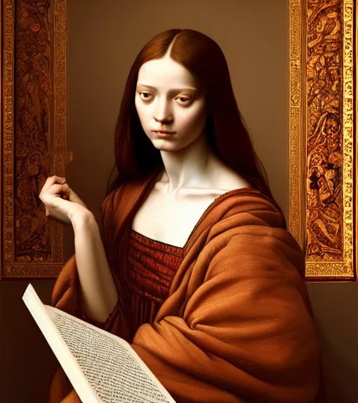 Image similar to portrait of a beautiful room with a tapestry on the wall, as well as a book upon a table with heightened detail, detailed facial expression, detailed surroundings, elegant, highly detailed, centered, digital painting, artstation, concept art, smooth, sharp focus, illustration, by ( leonardo da vinci ), wlop