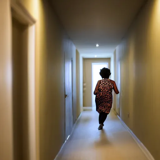 Prompt: a woman running down the hallway of her home, looking behind her