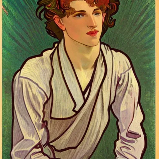 Image similar to painting of a young cute handsome beautiful androgynous strawberry blond medium curly! hair man in his early 2 0 s with a thin mustache and slight beard with grey - blue eyes wearing a blank maroon t - shirt, by alphonse mucha, vincent van gogh, egon schiele
