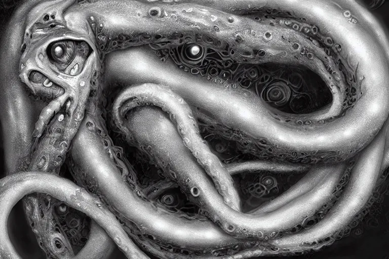 Prompt: ultra realist wide shot soft painting of a single entity made of slimy tentacles and bioluminescent eyes, so scary one glance is enough to drive a man insane, very intricate details, ultra dense fog, golden ratio, volumetric black and white lighting, reflections, refractions, symmetry accurate anatomy features, unreal render