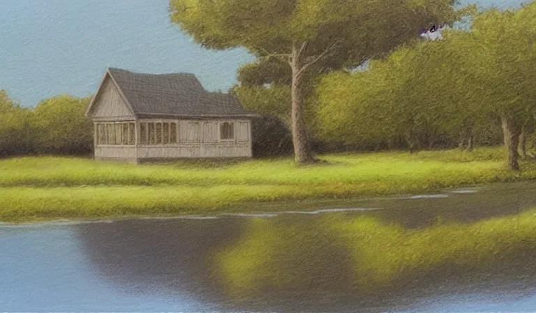 Prompt: A serene landscape with a singular building in the style of Terry Redlin.