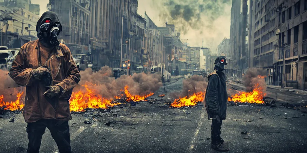 Image similar to post - apocalyptic city streets, close - up shot of an anarchist with a gasmask, burned cars, colorful smoke, hyperrealistic, gritty, damaged, dark, urban photography, photorealistic, high details