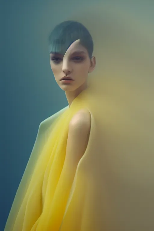 Prompt: a model wearing haute couture from valentino, macro photography, long exposure photograph, surrealism, anamorphic bokeh, cozy, soft light, yellow and blue, caustic, atmospheric fog, octane render, cinematic