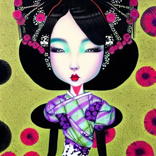 Image similar to Geisha punk girl with a futuristic hairstyle, floral background with black scribbles and wiggles, lowbrow painting by Mark Ryden