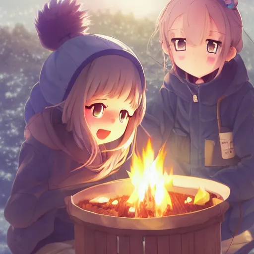 Image similar to anime yuru camp yama no susume cute girls around campfire trending on artstation hyperdetailed eyes cute moe Unreal Engine 4k 8k ultra HD illustration digital pixiv concept art manga cover by Stanley Artgerm Lau, WLOP, Rossdraws, James Jean, Andrei Riabovitchev, Marc Simonetti, and Sakimichan