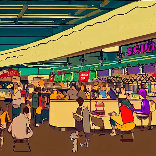 Image similar to food court at a crowded space station, jim henson creature shop, mike mignogna, cyberpunk, retrofuture, illustration