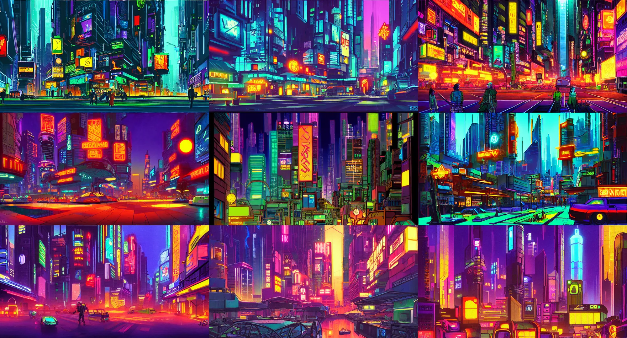 Prompt: Cyberpunk city at night, pixar color script painting by Lou Romano