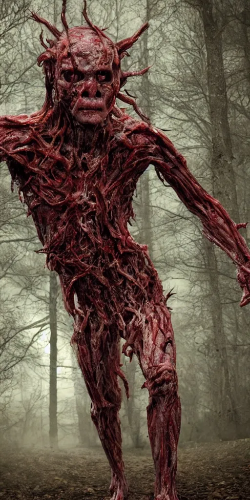 Prompt: photorealistic ultra detailed humanoid creature made of decomposed bloody flesh and bones, the woods, night, extremly detailed, 8 k, realistic, sharp focus, cosmic horror creature, cosmic horror, from the movie the thing, mysterious creature, bloody eyes