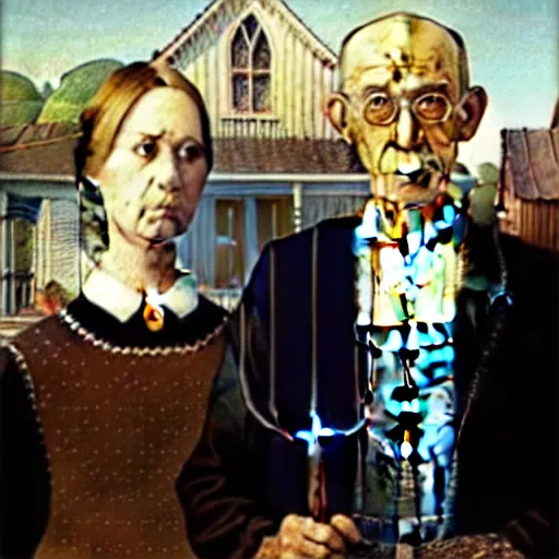 Prompt: a painting of american gothic by leonardo da vinci, oil painting