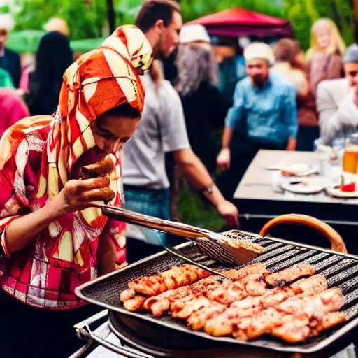 Prompt: a babushka grilling meat on a barbeque, people are dancing and having fun with beers in their hands