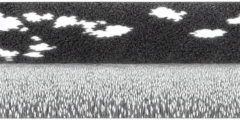 Prompt: a peaceful meadow, black and white manga panel, hitoshi ashinano, naoki urasawa fantasy