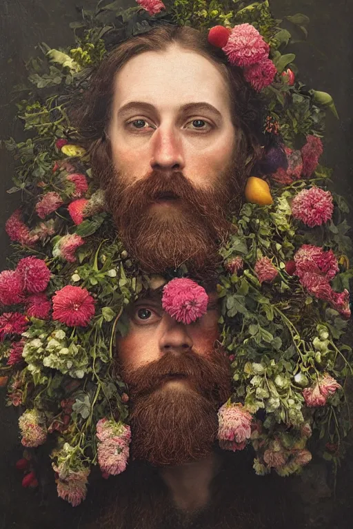 Image similar to A man's face, long beard, made of flowers and fruit, in the style of the Dutch masters and Gregory crewdson, dark and moody