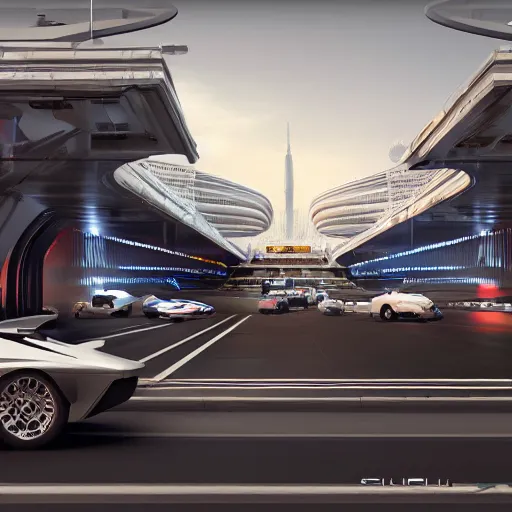 Image similar to sci-fi cars in center and wall near structure on the coronation of napoleon painting and digital billboard in the middle and everything in style of zaha hadid and suprematism forms unreal engine 5 keyshot octane artstation trending ultra high detail ultra photo realistic 8k 16k in plastic dark tilt shift