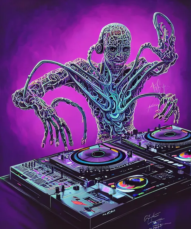 Prompt: a DJ with 8 arms, plays on 8 vinyl turntables at once, technics, Turntablist, hip-hop, rave, sci-fi, fire eyes, face, blue and purple hair, intricate, elegant, highly detailed, RayTracing, digital painting, artstation, concept art, smooth, sharp focus, illustration, art by artgerm and greg rutkowski and alphonse mucha
