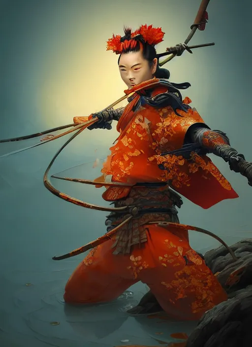 Prompt: koi themed samurai in autumn color kimono, subsurface scattering, by jesper ejsing, justin gerard, tomasz alen kopera, cgsociety and fenghua zhong, highly detailed, rim light, cinematic lighting, illustration, art, octane render, very coherent, cinematic, hyper realism, high detail, octane render, 8 k