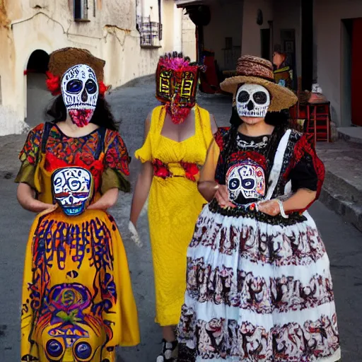Image similar to women wearing la muerte mask and sardinian traditional female dress