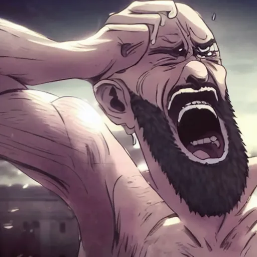 Prompt: a bearded man with short hair screaming at a soccer ball, arms flailing, angry, in attack on titan,
