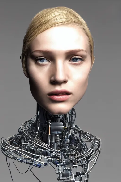 Image similar to robot with human face, female head, full body angle, woman human face, human face realistic, beautiful blonde hair, human head, human head with blonde hair, blonde hair human head, blonde hair, human realistic face, human head skin, cyborg frame concept, cyborg by ales-kotnik, sci-fi android female, the body is made of wires, robotic body, cyborg body, cyborg bust body, robot body cyborg, full body
