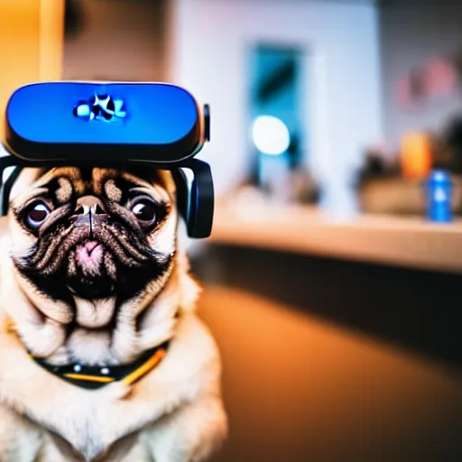 Image similar to film still medium shot a pug wearing a vr headset in a coffee shop, leica sl 2 5 0 mm, vivid color, high quality, high textured, real life