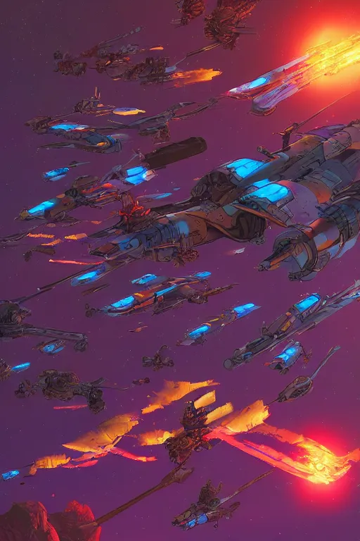 Image similar to firefly serenity fighting a group of reavers, 4 k digital paint by studio ghibli hayao miyazaki. vivid colours, vaporwave lighting style, very sharp and detailed. trending on artstation and behance.