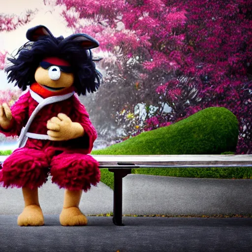 Prompt: an extremely fluffy muppet with rabbit ears and wearing a dark ninja robe with a red belt and practicing her meditation in nature on a park bench, photorealistic, photography, ambient occlusion, rtx, national geographic, sesame street