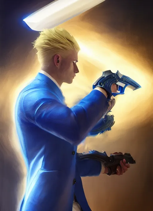 Image similar to side profile of a man with blonde hair in a blue suit wielding a large sword and a gun in a holster, fantasy, digital painting, volumetric light, intricate, sharp, focus, bloom, illustration, highly detailed, concept art, matte, ruan jia, randy vargas, greg rutkowski