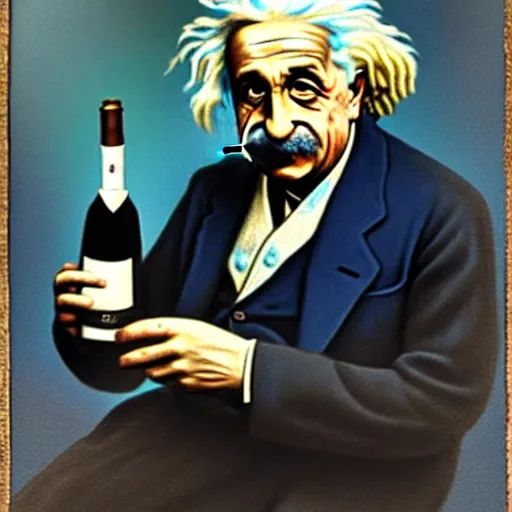 Prompt: Albert Einstein smoking a cigar while holding a bottle of wine in his hand, sitting on a bench in the park, highly detailed, full body, sad atmosphere, blue tint, in the style of Roberto Ferri