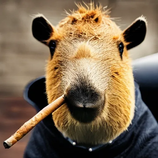 Image similar to an antropomorphic capybara wearing a suit smoking a cigar