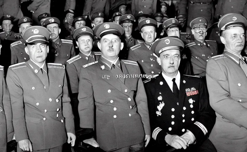 Image similar to 50s movie still of very diverse soviet generals officers marshal and politics head with very detailed faces in a stalinist parlement, by Alexei Guerman, Cinestill 800t 35mm black and white, heavy grainy picture, very detailed, high quality, 4k, HD criterion, precise texture, diverse faces, diverse haircuts, diverse ages, each faces precisely define