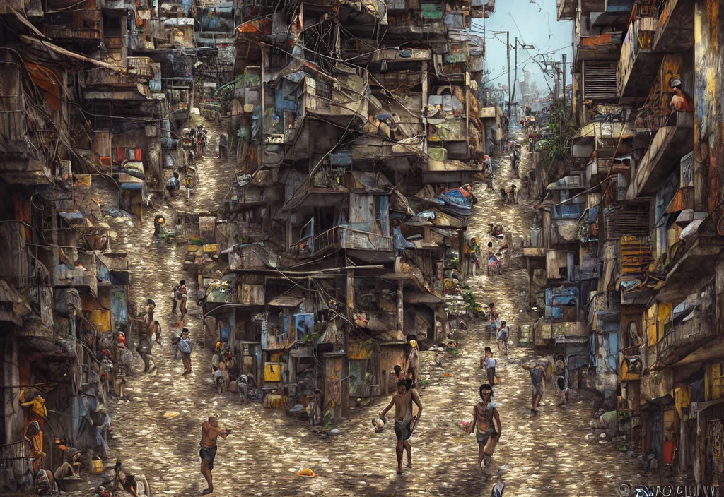 Image similar to photorealistic favela rocinha rio de janeiro with precise rendered alleys with intricate details of gun happy people in alley close view by Justin Gerard