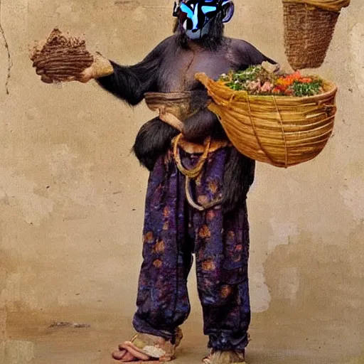 Image similar to beautiful painting by sophie anderson of a chimpanzee wearing traditional men kurdish clothes baggy pants and white shirt with a large sash tied around the waist in a kurdish village, award winning art, insanely detailed, bright colors, global illumination, cute, young, stunning