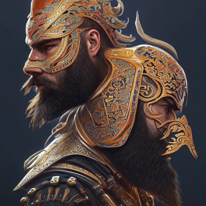 Image similar to symmetry! portrait of a bearded warrior, face decorated with chinese opera motifs, leds horizon zero dawn machine, intricate, elegant, highly detailed, digital painting, artstation, concept art, smooth, sharp focus, illustration, art by artgerm and greg rutkowski and alphonse mucha, 8 k