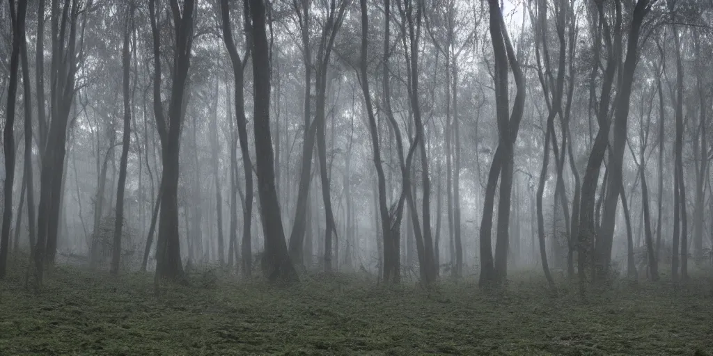 Prompt: Ethereal specters in the woods with long bodies, fog volumetric lighting