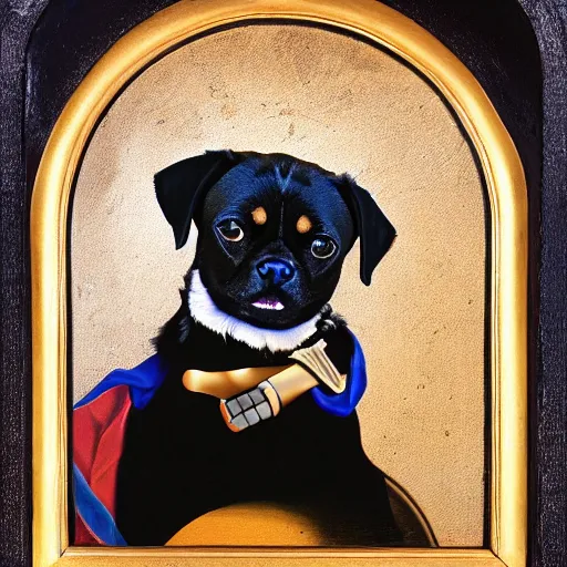 Prompt: portrait of black pugalier dog wearing an elvis costume, renaissance style painting