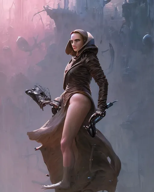 Image similar to beautiful fantasy character portrait, natalie portman, wearing oversized black trench coat, ultra realistic, wide angle, dramatic lighting, vultures, cyberpunk artifacts, highly detailed by peter mohrbacher, hajime sorayama, wayne barlowe, boris vallejo, aaron horkey, gaston bussiere, craig mullins