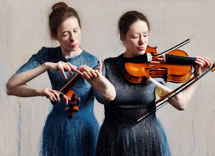 Prompt: portrait of two sister violin players getting ready to perform looking, half figure front, francis bacon and pat steir and petra cortright and james jean, psychological, photorealistic, intriguing details, rendered in octane, altermodern