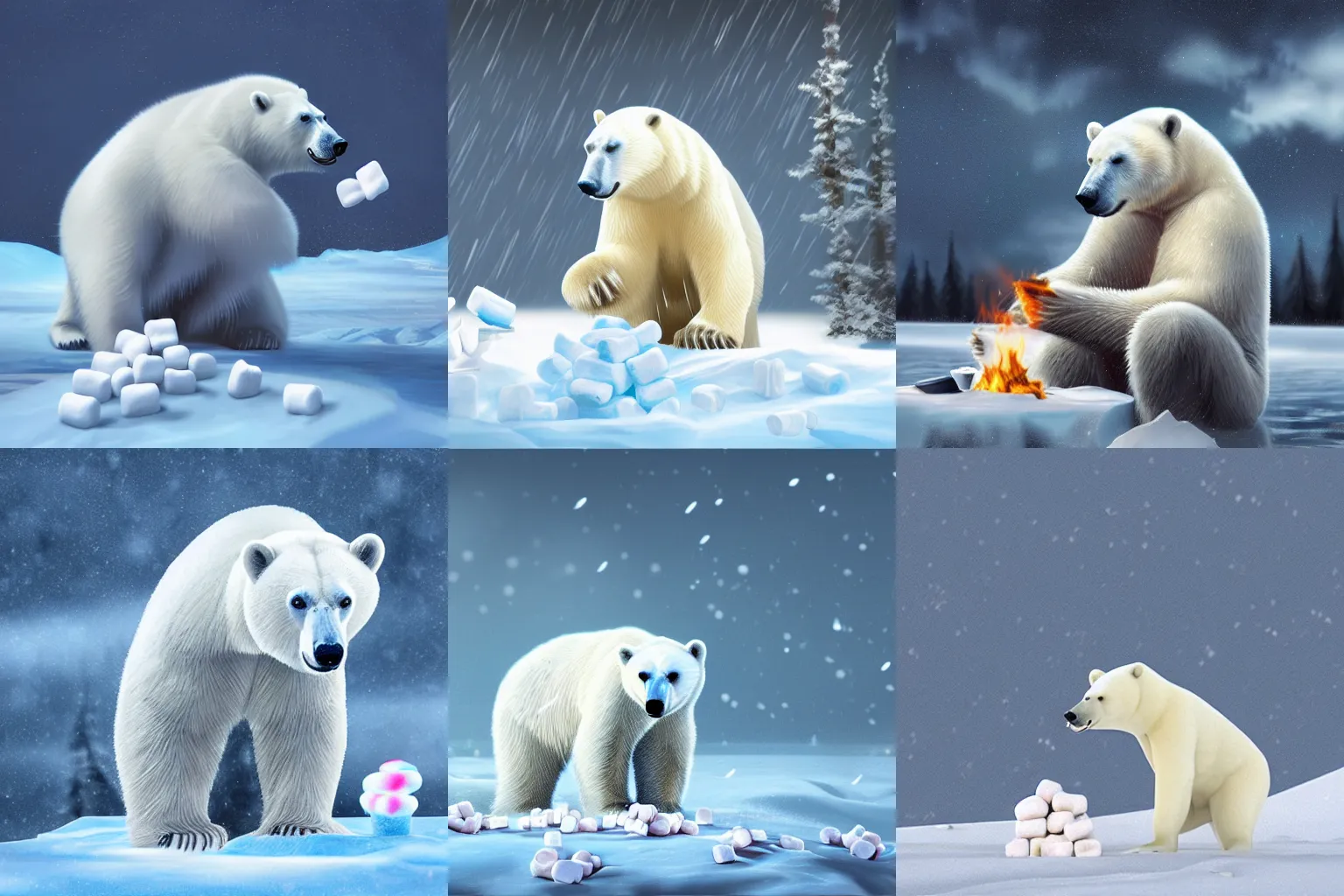 Prompt: A polar bear eating marshmallows in a blizzard. Award-winning digital art, 4k, trending on ArtStation, f/4