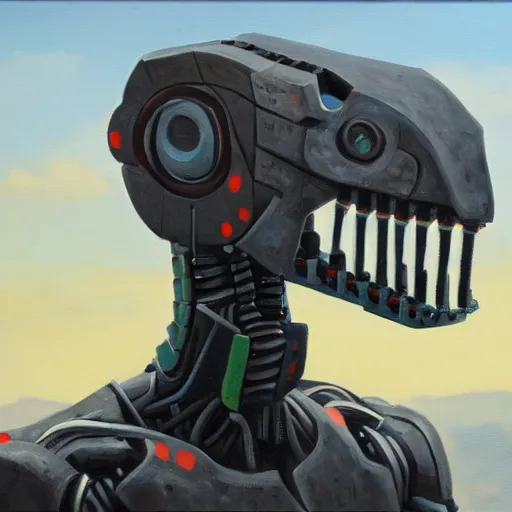 Image similar to half robot half dinosaur, oil painting