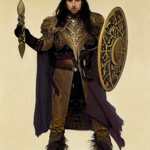 Image similar to pale, beautiful clean-shaven black-haired Viking lord wih sharp features, wearing a gilded black scale armor in the shape of art deco feathers and an arrogant heroic expression, by Greg Rutkowski, Brom, and Alphonse Mucha