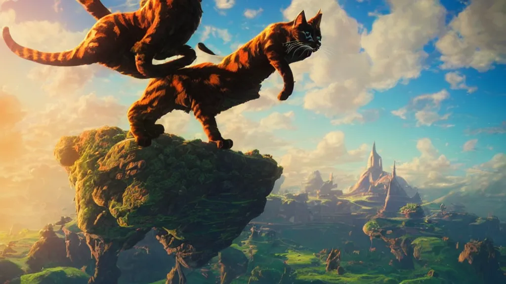 Prompt: a colossal floating cat hovering in the sky, beautiful fantasy painting, breath of the wild, vibrant colors, magical dream-like atmosphere, cinematic lighting, hyperdetailed 3D matte painting, 8k ultraHD octane render