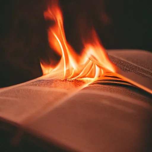 Prompt: campfire with flames creating the shape of a book