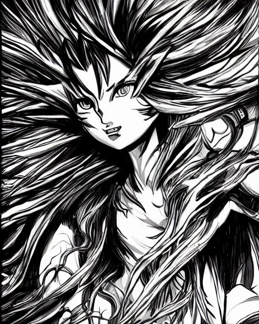 Image similar to Mind Flayers, wind-like hair posing on a boat, black and white, fantasy art, female art, in the style of masami kurumada, illustration, epic, fantasy, intricate, hyper detailed, artstation, concept art, smooth, sharp focus, ray tracing