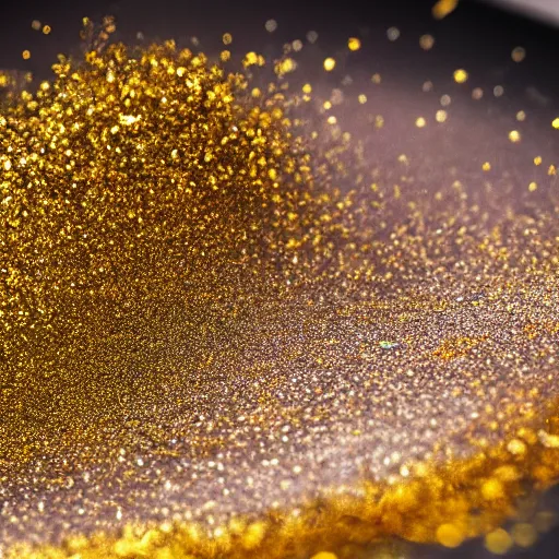 Prompt: a wet swirling mixture of gold paint and very colorful colored pigment particles glitter suspended in a turbulent liquid, captured in slow motion, crystal clear focus, macro photography lens closeup, slow-motion pour, dumpedpaint glittery, shimmering, speculars