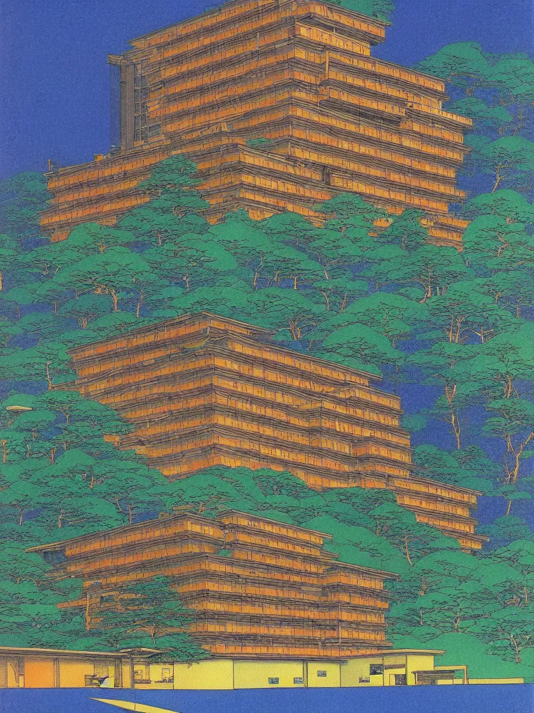 Prompt: a psychedelic hallucination of a brutalist hotel in the mountains, by kawase hasui, moebius, edward hopper, colorful flat surreal design, dramatic lighting, hd, 8 k, artstation