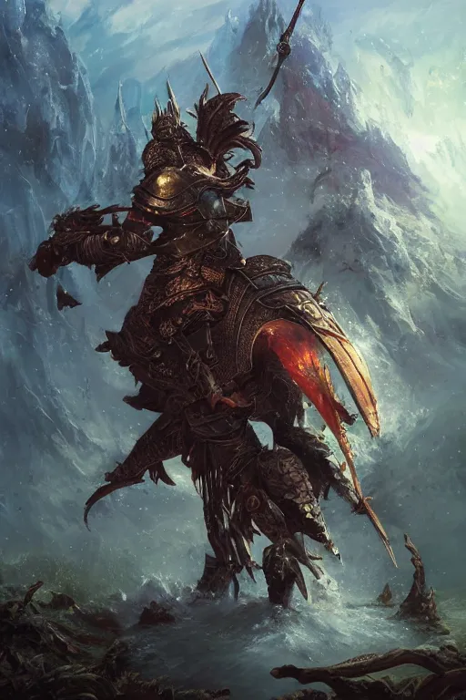 Image similar to Huge fishheaded warrior in armor, portrait, woodlands, magic the gathering artwork, D&D, fantasy, cinematic lighting, centered, symmetrical, highly detailed, digital painting, artstation, concept art, smooth, sharp focus, illustration, volumetric lighting, epic Composition, 8k, art by Akihiko Yoshida and Greg Rutkowski and Craig Mullins, oil painting, cgsociety