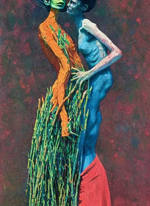 Prompt: women made of twigs and colorful flowers hugging Edward Hopper and James Gilleard, Zdzislaw Beksinski, highly detailed