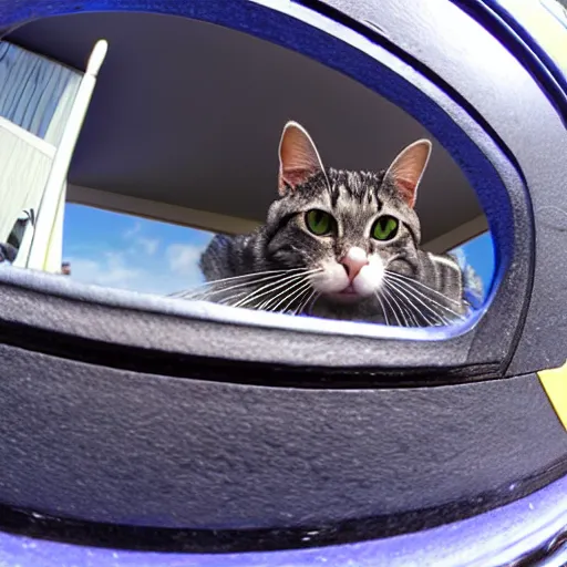 Prompt: fish eye view of Cat looking at the viewer with a blue Lamborghini behind him