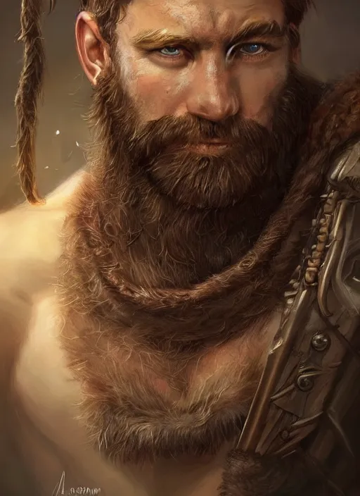 Image similar to portrait of a rugged ranger, muscular, upper body, hairy torso, D&D, fantasy, intricate, elegant, highly detailed, digital painting, artstation, concept art, smooth, sharp focus, illustration, art by artgerm