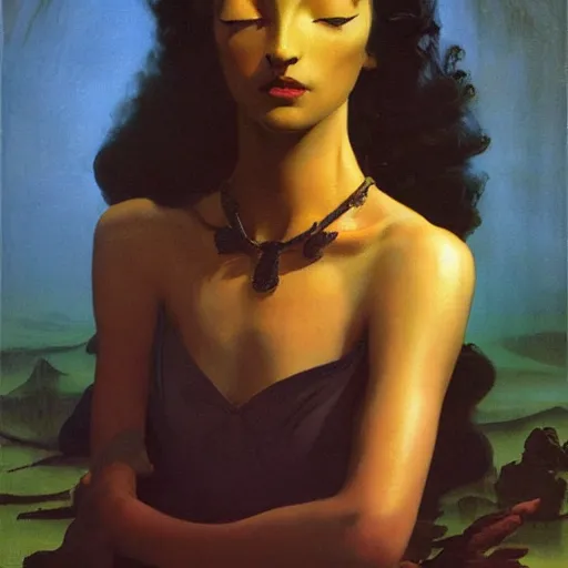 Image similar to a oil painting of a fair skin with dark curly stylised hair queen wearing dress, by hans emmenegger, by bruce pennington, by eyvind earle, by nicholas roerich, by frank frazetta, by georgia o keeffe, by dean cornwell, highly detailed, realistic, concept art, jewels, oriental, desaturated